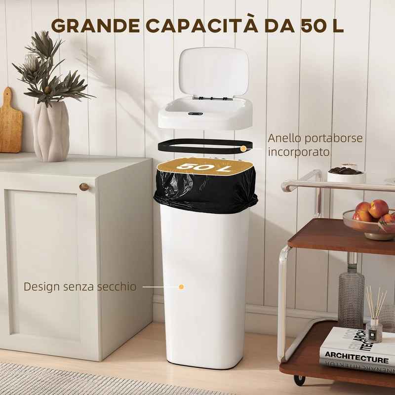 Pattumiera con Sensore a Infrarossi da 50L con 2 Modalità di Apertura Superficie Anti-impronte in Acciaio Inox e ABS Bianco