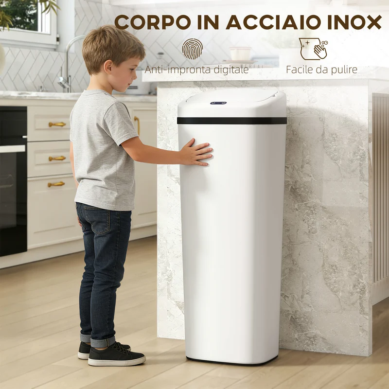 Pattumiera con Sensore a Infrarossi da 50L con 2 Modalità di Apertura Superficie Anti-impronte in Acciaio Inox e ABS Bianco