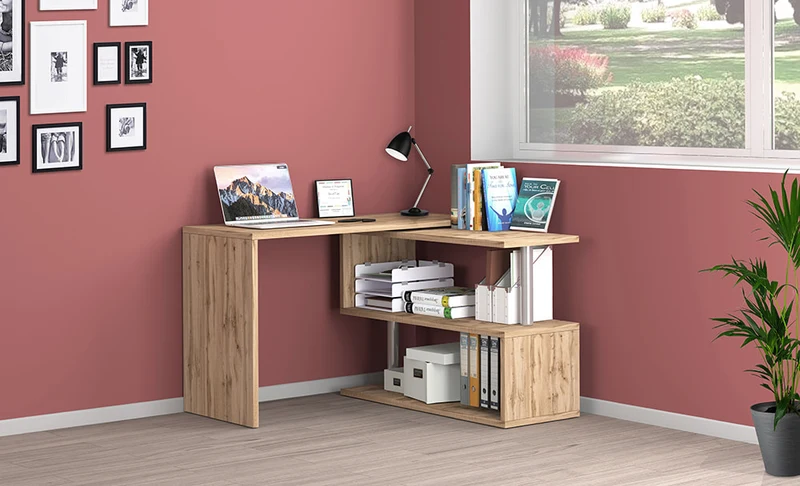 Scrivania Girevole Design VOLTA – 120x65x75 cm, Ripiani Aperti Rovere