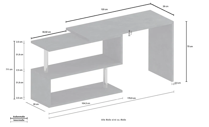 Scrivania Girevole Design VOLTA – 120x65x75 cm, Ripiani Aperti Rovere