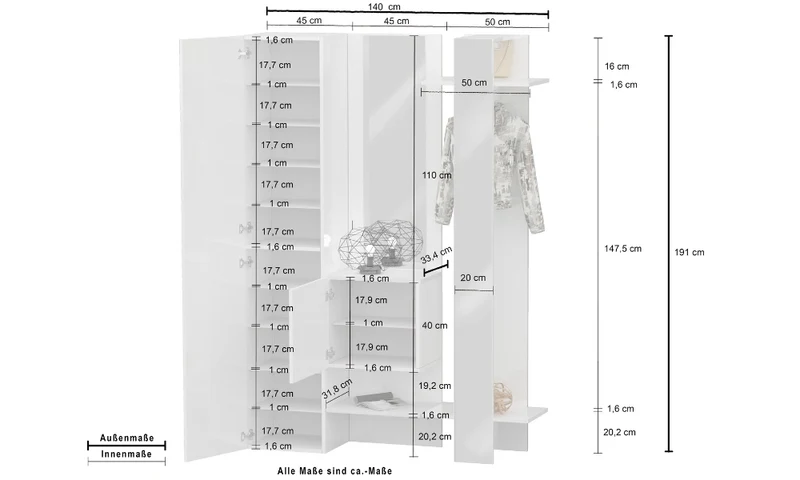 Set ingresso KOMPACT 3 pezzi - 140x35x191 cm, legno riciclato, Made in Italy