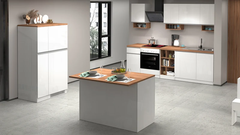 Isola Cucina SOLE 2 Ante – Bianco lucido/Rovere 125x90x90 cm, Made in Italy