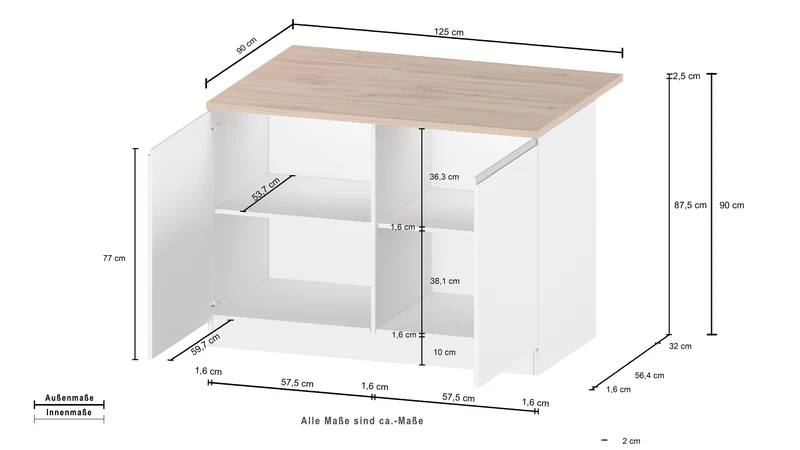 Isola Cucina SOLE 2 Ante – Bianco lucido/Rovere 125x90x90 cm, Made in Italy