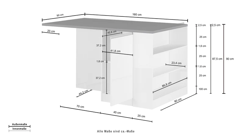 Isola Cucina SOLE 2 Ante – Antracite/Report, 160x90x90 cm, 3 Posti, Made in Italy