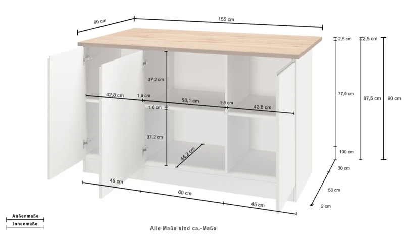 Isola Cucina SOLE 3 Ante – Antracite/Rovere Wotan, 155x90x90 cm, Made in Italy