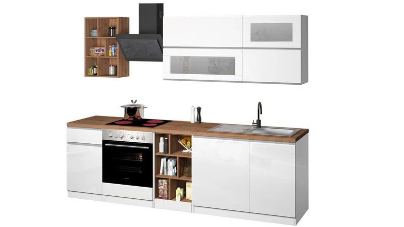 Cucina Lineare Moderna SOLE 256 cm – Bianco Lucido e Rovere, Soft Close