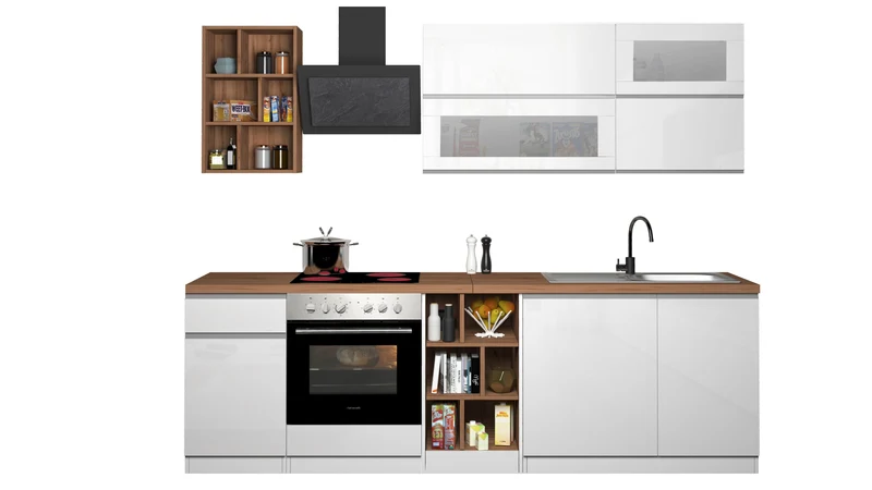 Cucina Lineare Moderna SOLE 256 cm – Bianco Lucido e Rovere, Soft Close