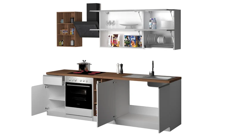 Cucina Lineare Moderna SOLE 256 cm – Bianco Lucido e Rovere, Soft Close