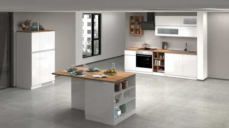 Cucina Lineare Moderna SOLE 256 cm – Bianco Lucido e Rovere, Soft Close