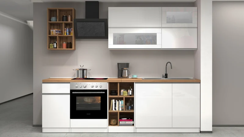 Cucina Lineare Moderna SOLE 256 cm – Bianco Lucido e Rovere, Soft Close
