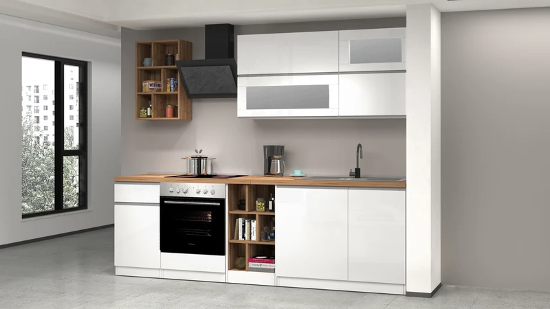 Cucina Lineare Moderna SOLE 256 cm – Bianco Lucido e Rovere, Soft Close