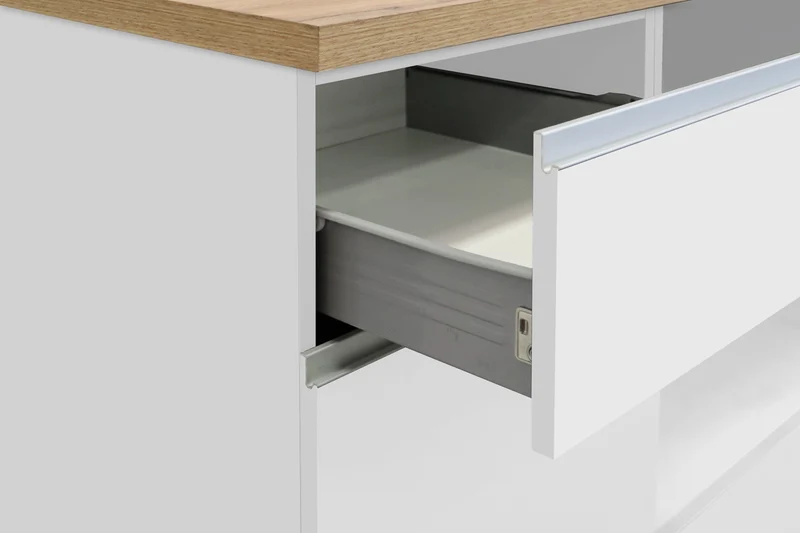 Cucina Lineare Moderna SOLE 256 cm – Bianco Lucido e Rovere, Soft Close