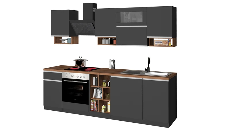 Cucina Lineare SOLE 256 cm - Antracite e Rovere Wotan, Design Moderno