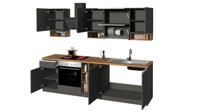 Cucina Lineare SOLE 256 cm - Antracite e Rovere Wotan, Design Moderno