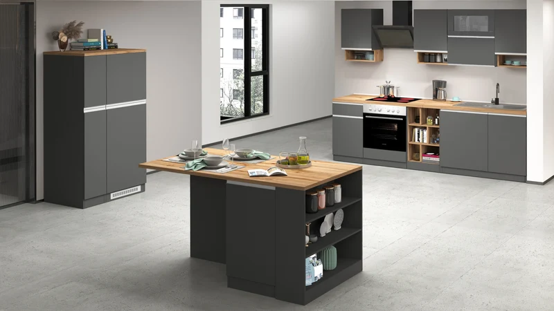 Cucina Lineare SOLE 256 cm - Antracite e Rovere Wotan, Design Moderno
