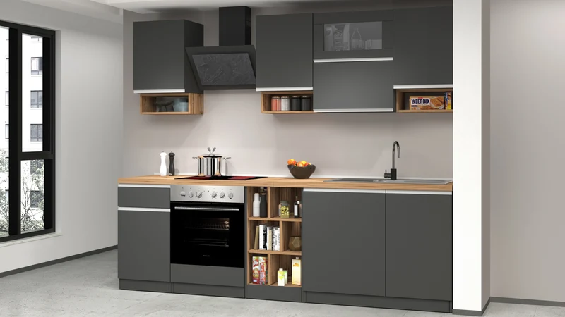 Cucina Lineare SOLE 256 cm - Antracite e Rovere Wotan, Design Moderno