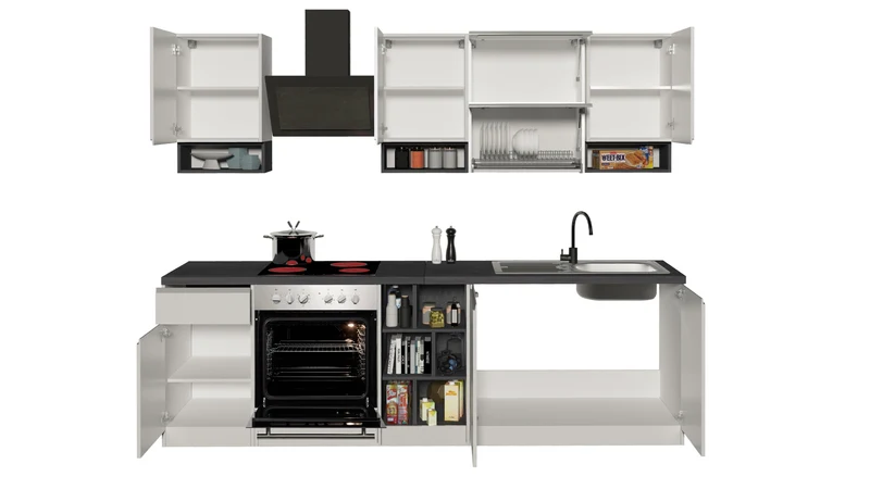 Cucina Lineare SOLE 256 cm - Bianco e Report, Design Moderno Made in Italy