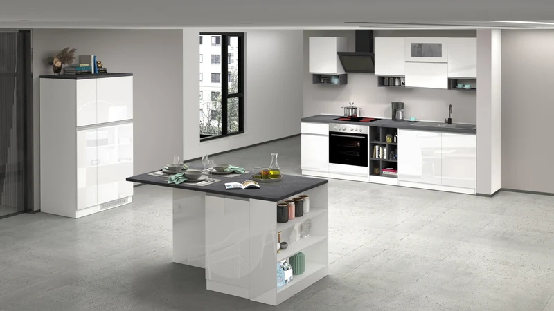 Cucina Lineare SOLE 256 cm - Bianco e Report, Design Moderno Made in Italy