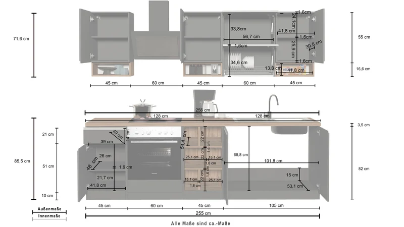 Cucina Lineare SOLE 256 cm - Bianco e Report, Design Moderno Made in Italy