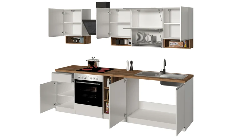 Cucina Lineare SOLE 256 cm - Bianco Lucido e Rovere, Design Moderno