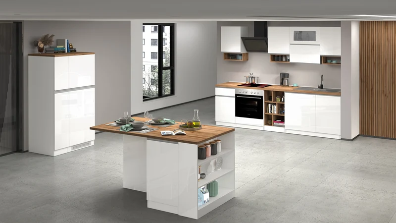 Cucina Lineare SOLE 256 cm - Bianco Lucido e Rovere, Design Moderno