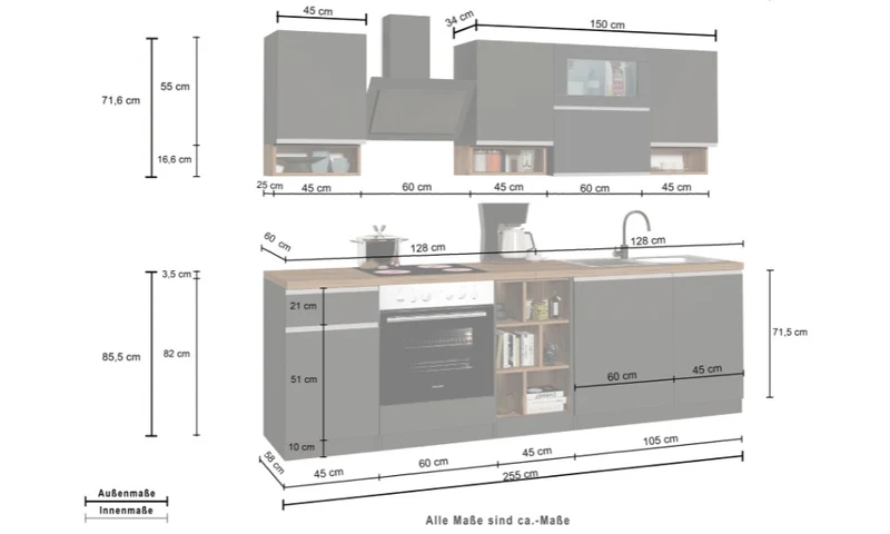 Cucina Lineare SOLE 256 cm - Bianco Lucido e Rovere, Design Moderno