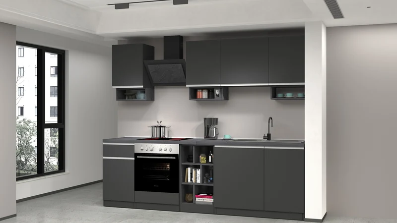 Cucina Lineare SOLE 256 cm - Antracite/Report, Top 35 mm
