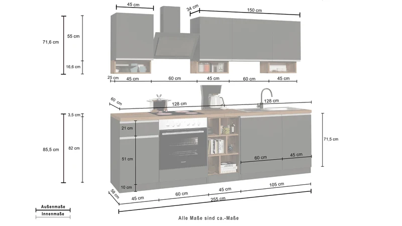 Cucina Lineare SOLE 256 cm - Antracite/Report, Top 35 mm