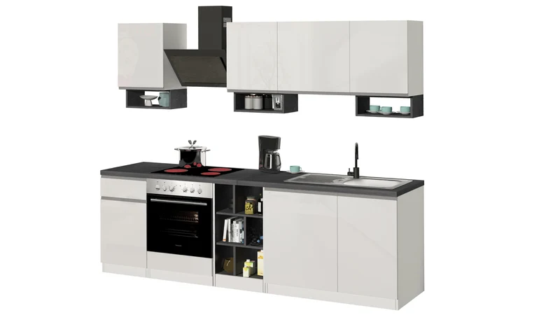 Cucina Lineare SOLE 256 cm - Bianco/Report, Top Elegante 35 mm