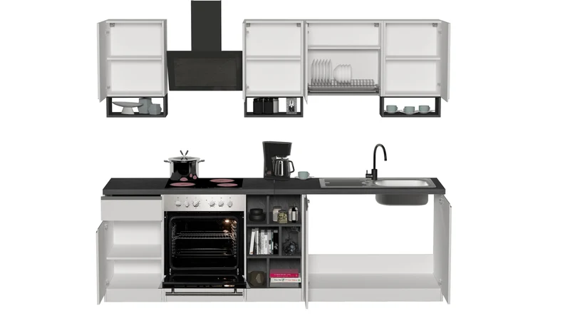 Cucina Lineare SOLE 256 cm - Bianco/Report, Top Elegante 35 mm