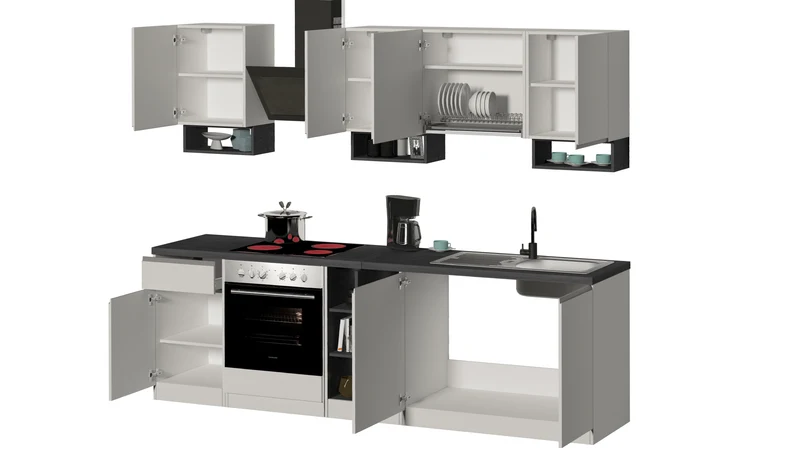 Cucina Lineare SOLE 256 cm - Bianco/Report, Top Elegante 35 mm