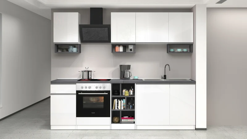 Cucina Lineare SOLE 256 cm - Bianco/Report, Top Elegante 35 mm