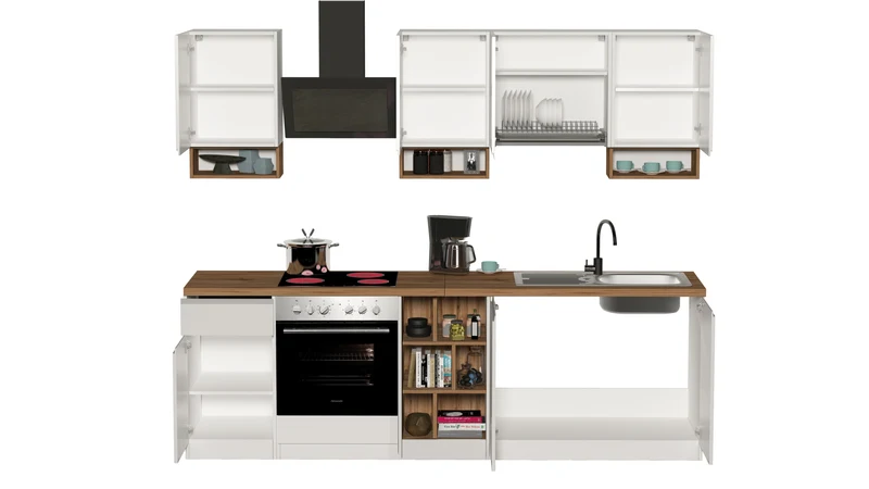 Cucina Lineare SOLE 256 cm - Bianco Lucido e Rovere, Design Moderno Made in Italy