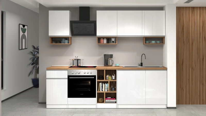 Cucina Lineare SOLE 256 cm - Bianco Lucido e Rovere, Design Moderno Made in Italy