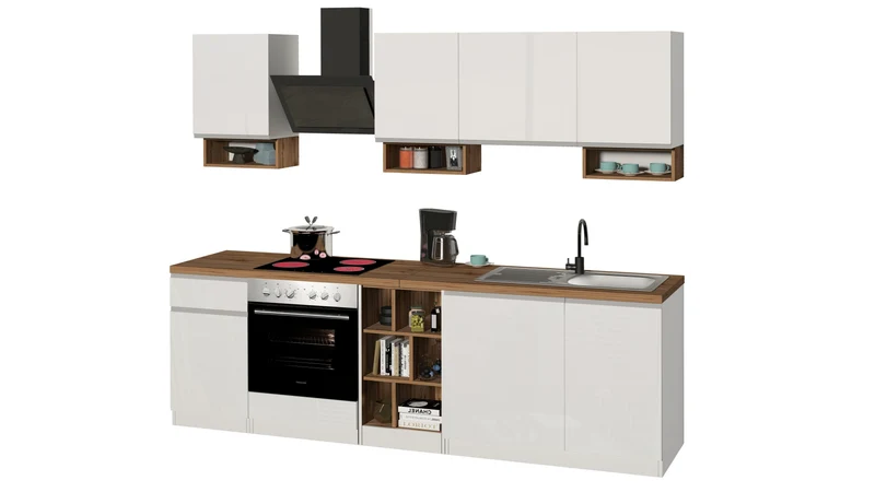 Cucina Lineare SOLE 256 cm - Bianco Lucido e Rovere, Design Moderno Made in Italy