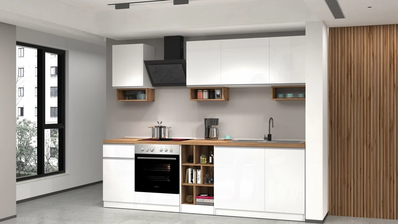 Cucina Lineare SOLE 256 cm - Bianco Lucido e Rovere, Design Moderno Made in Italy