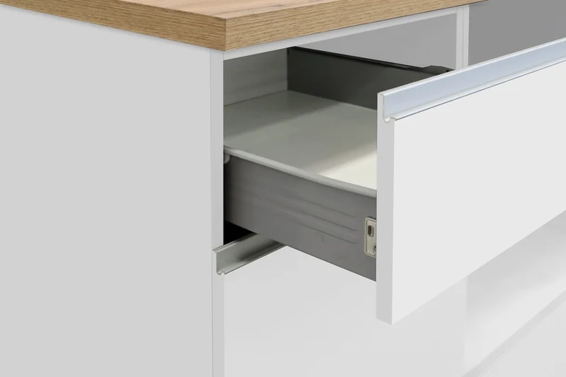Cucina Lineare SOLE 256 cm - Bianco Lucido e Rovere, Design Moderno Made in Italy