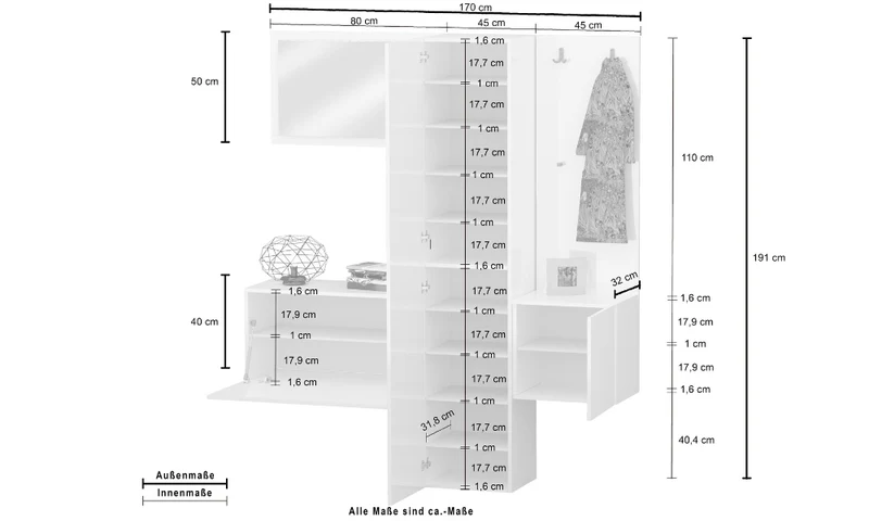 Set Ingresso Moderno KOMPACT 4 Pezzi – 170x35x191 cm, Specchio e 11 Ripiani