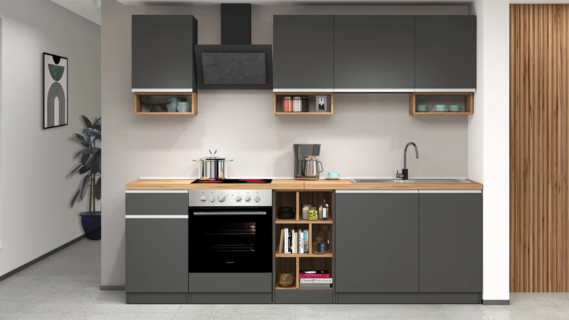 Cucina Lineare SOLE 256 cm - Antracite/Rovere Wotan, Top 35 mm