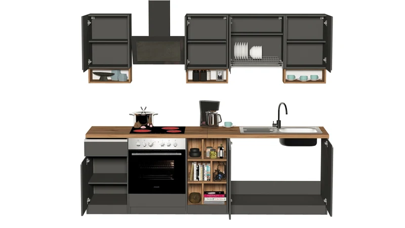 Cucina Lineare SOLE 256 cm - Antracite/Rovere Wotan, Top 35 mm