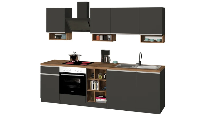 Cucina Lineare SOLE 256 cm - Antracite/Rovere Wotan, Top 35 mm
