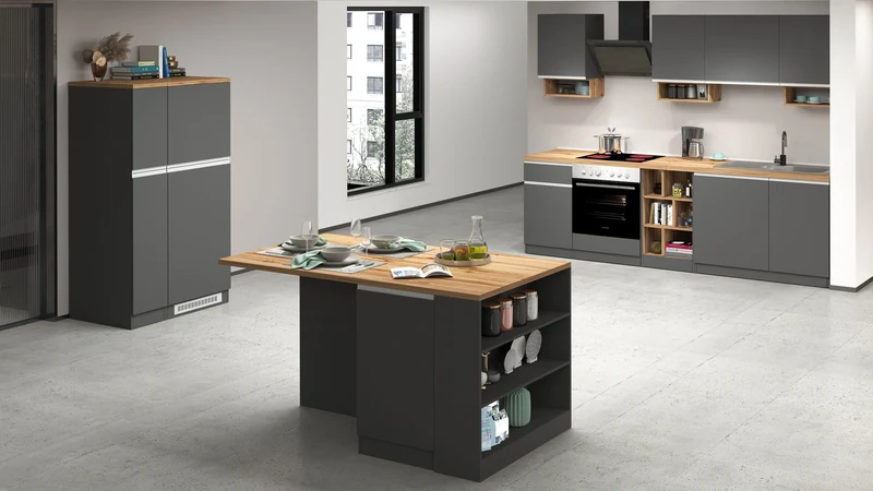 Cucina Lineare SOLE 256 cm - Antracite/Rovere Wotan, Top 35 mm