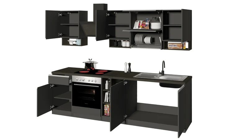 Cucina Lineare SOLE 256 cm - Antracite/Report e Legno Chiaro, Made in Italy
