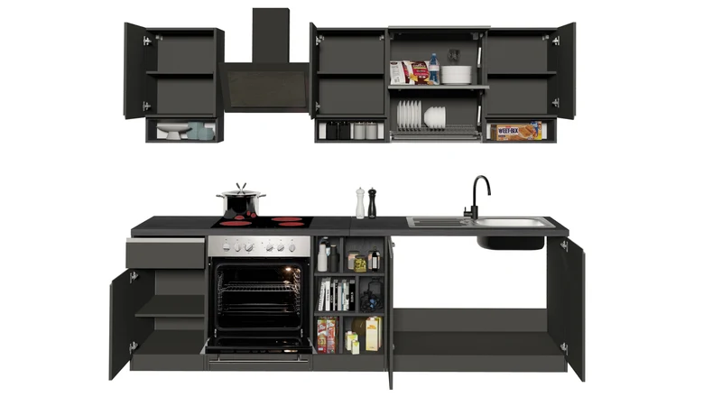 Cucina Lineare SOLE 256 cm - Antracite/Report e Legno Chiaro, Made in Italy