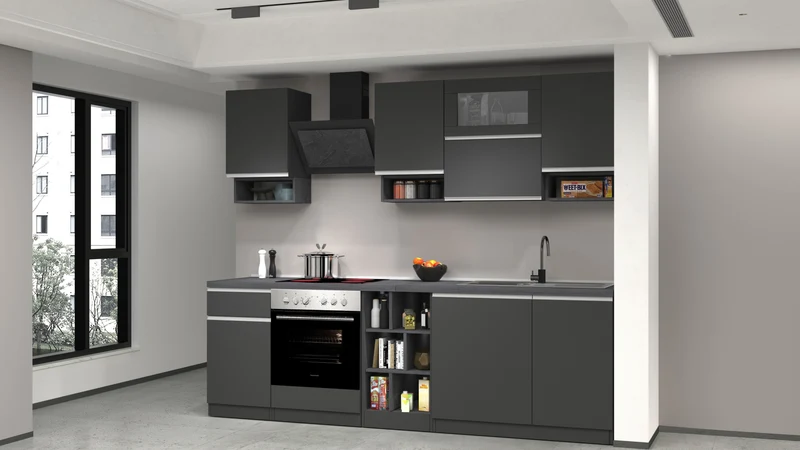 Cucina Lineare SOLE 256 cm - Antracite/Report e Legno Chiaro, Made in Italy