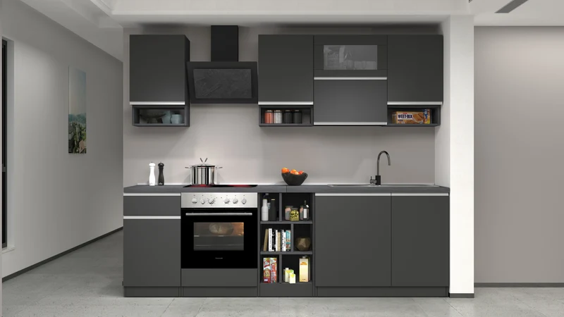 Cucina Lineare SOLE 256 cm - Antracite/Report e Legno Chiaro, Made in Italy