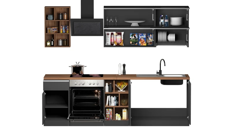Cucina Lineare Moderna SOLE 256 cm – Antracite/Rovere, Soft Close, Made in Italy