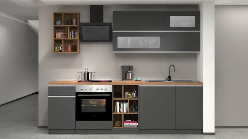 Cucina Lineare Moderna SOLE 256 cm – Antracite/Rovere, Soft Close, Made in Italy