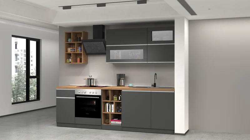 Cucina Lineare Moderna SOLE 256 cm – Antracite/Rovere, Soft Close, Made in Italy