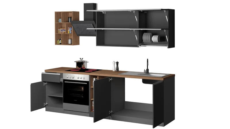 Cucina Lineare Moderna SOLE 256 cm – Antracite/Rovere, Soft Close, Made in Italy